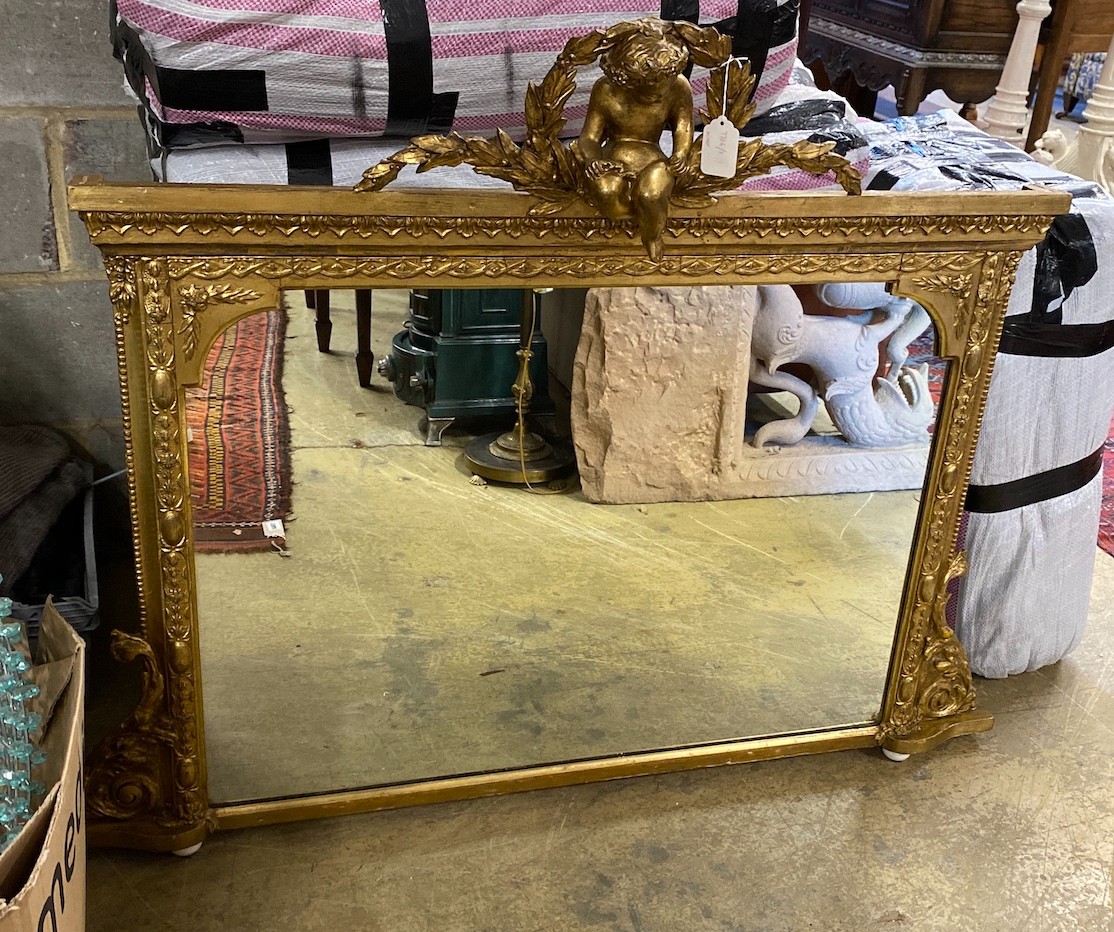 A Victorian giltwood and composition overmantle mirror with cherub pediment width height
